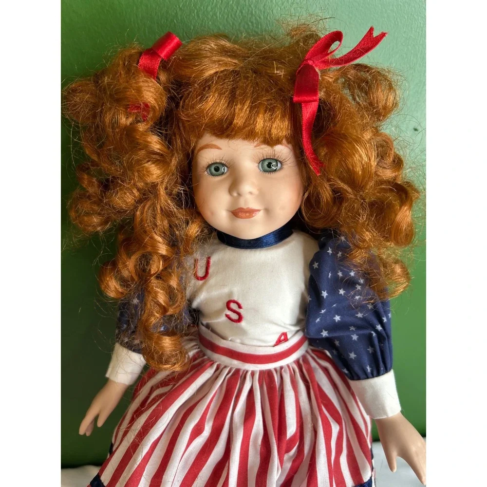 Vintage Porcelain Doll Patriotic USA Americana Red White Blue Auburn Hair 12in